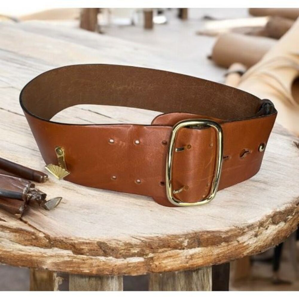 Karl Lagerfeld Vintage Wide Brown Leather Belt With Gold Fan 28-32”